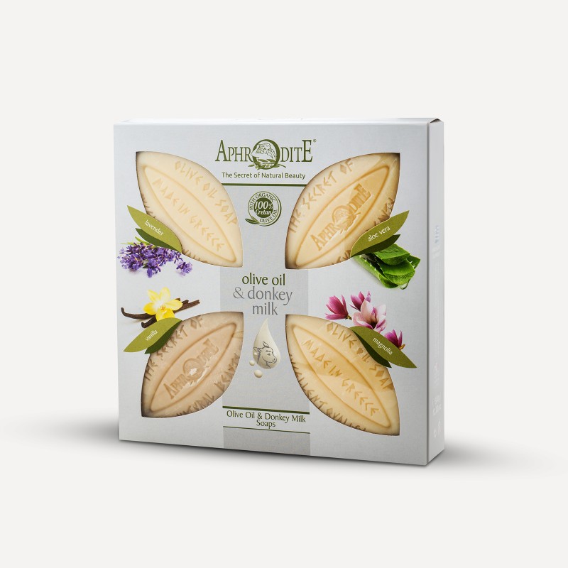 Coffret cadeau de 4 savons au lait d'ânesse et à l'huile d'olive et